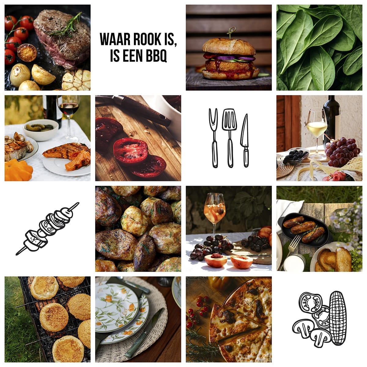 Instawall Tuinposter Square 1:1 fotocollage met grillgerechten en verse ingrediënten als wanddecoratie buiten