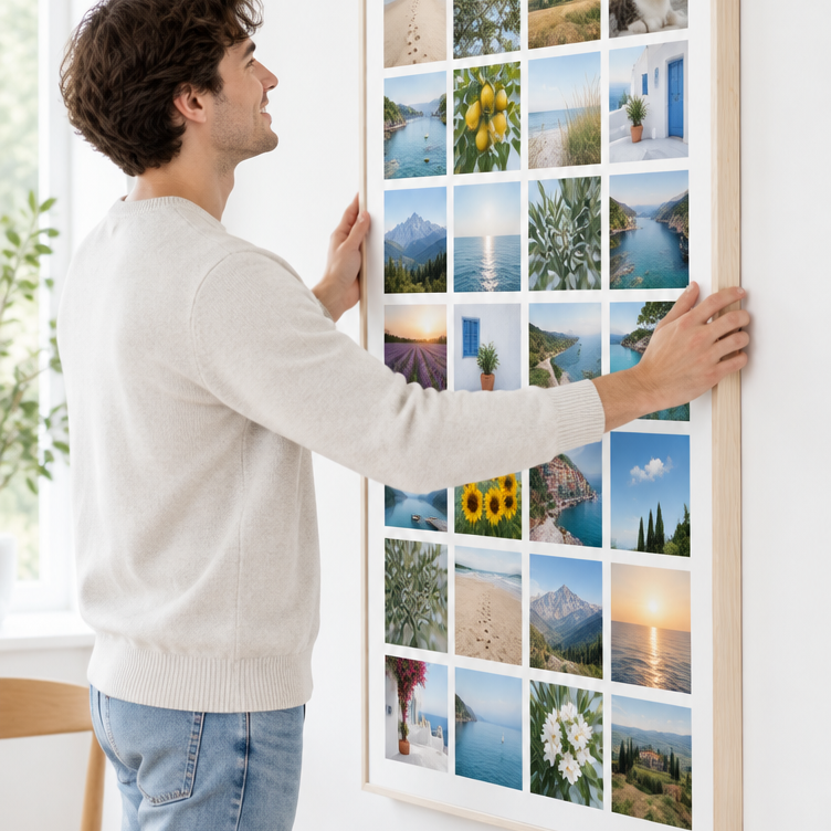 Man hangt de Instawall Canvas Tall fotocanvas met blanke baklijst op aan de muur