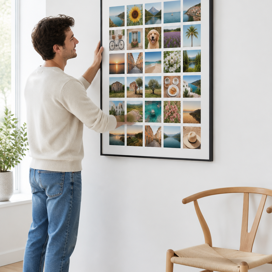 Man hangt de Instawall Canvas Portrait groot fotocanvas met zwarte baklijst op aan de muur
