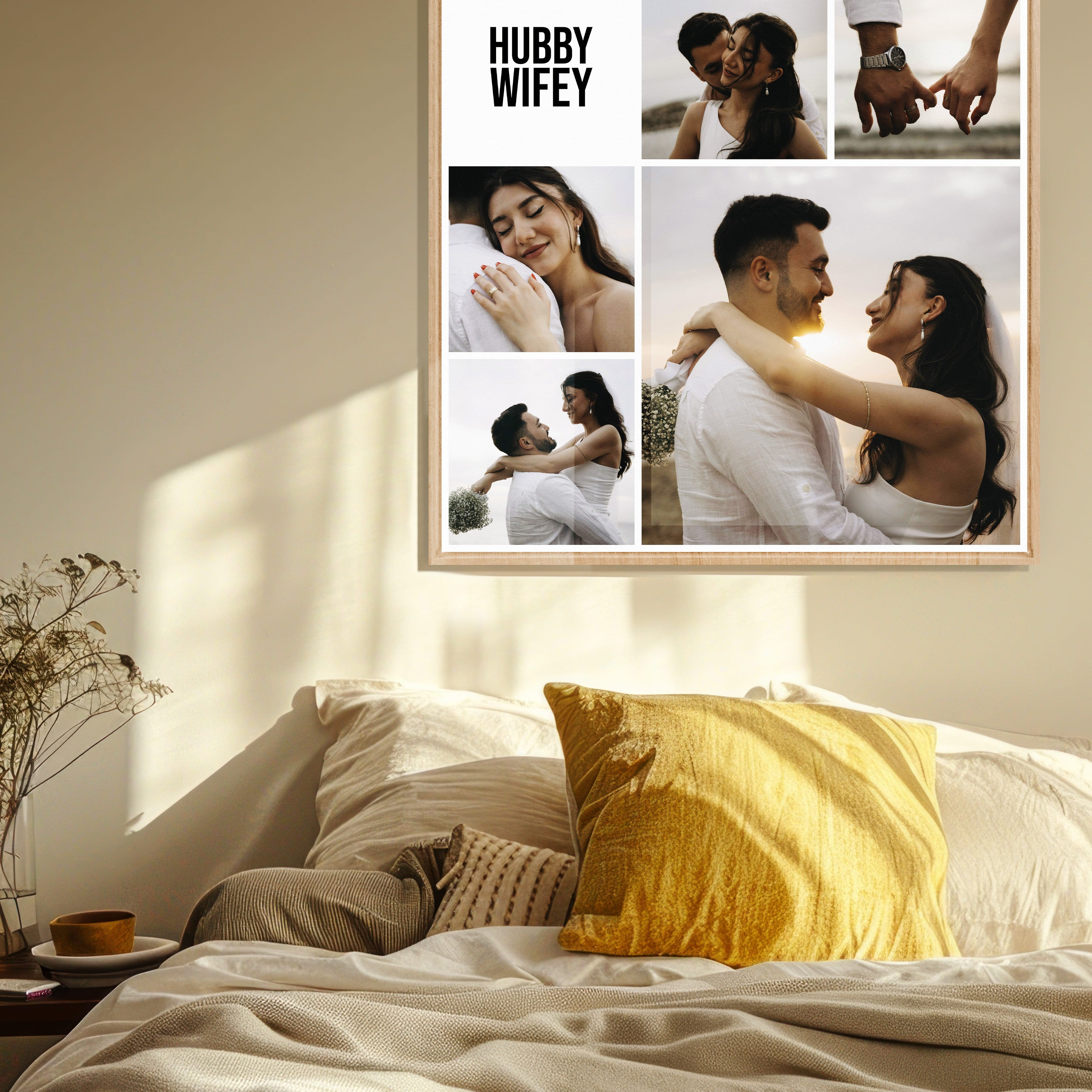 Instawall Print fotocollage in een houten baklijst voor slaapkamer