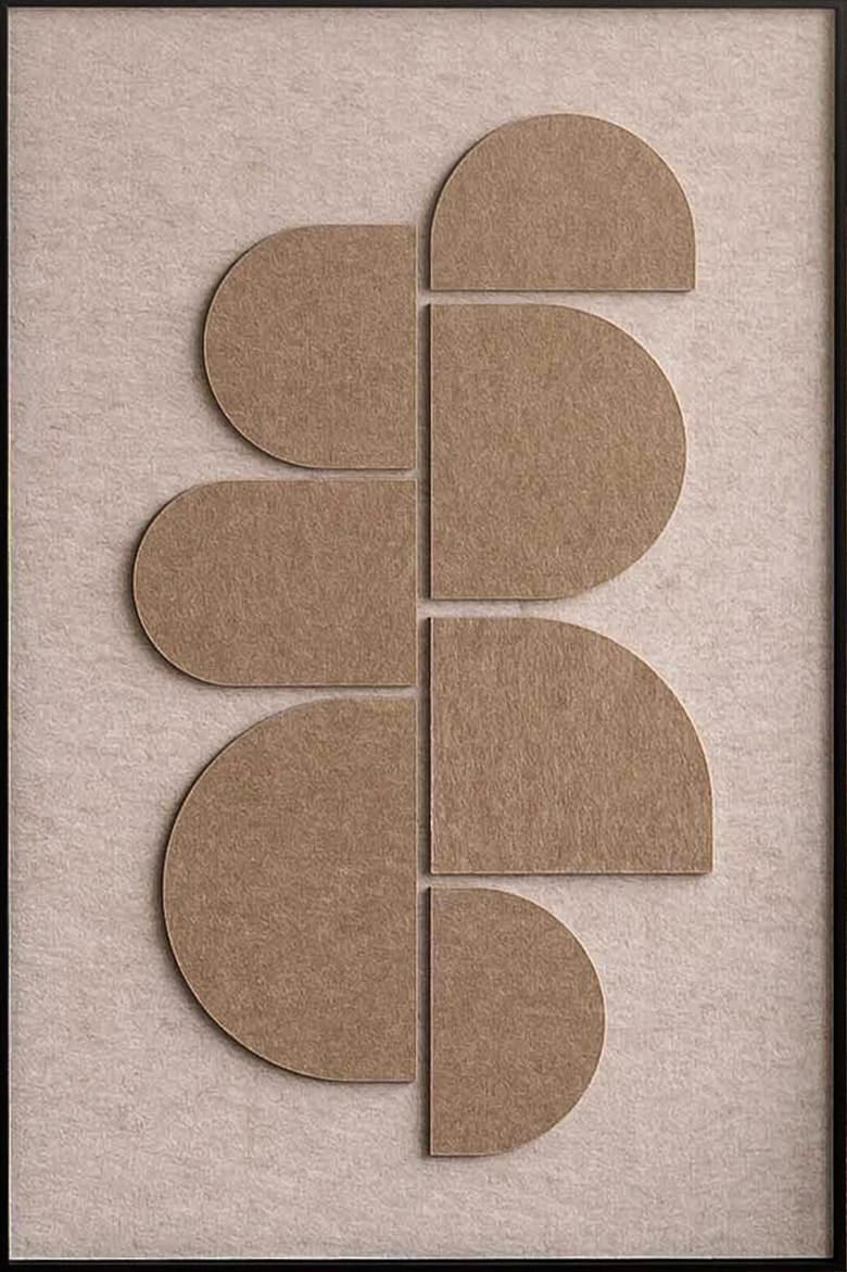 Feltro Acustico 002 Instawall Akoestisch wanddecoratie van bruin vilt met geometrische vormen in een houten lijst