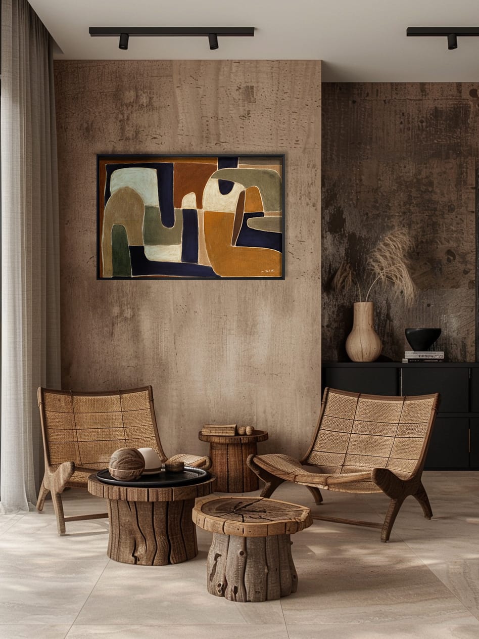 Epitome Instawall Akoestisch wandkunst met abstracte warme tinten in een modern interieur