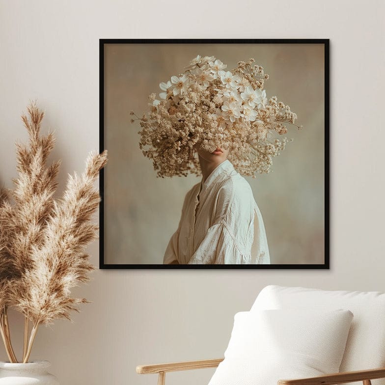 Instawall Akoestisch Blooming Muse: wanddecoratie met bloemen-hoofd in neutrale tinten, zwart frame