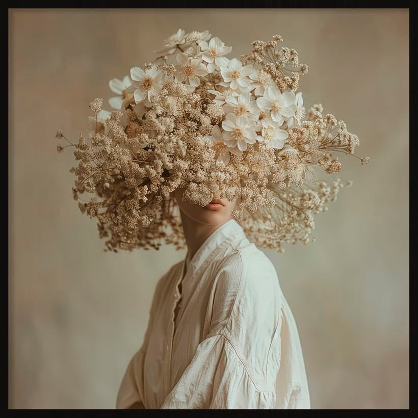 Blooming Muse Instawall Akoestisch wandkunst met bloemrijke hoofddecoratie tegen neutrale achtergrond