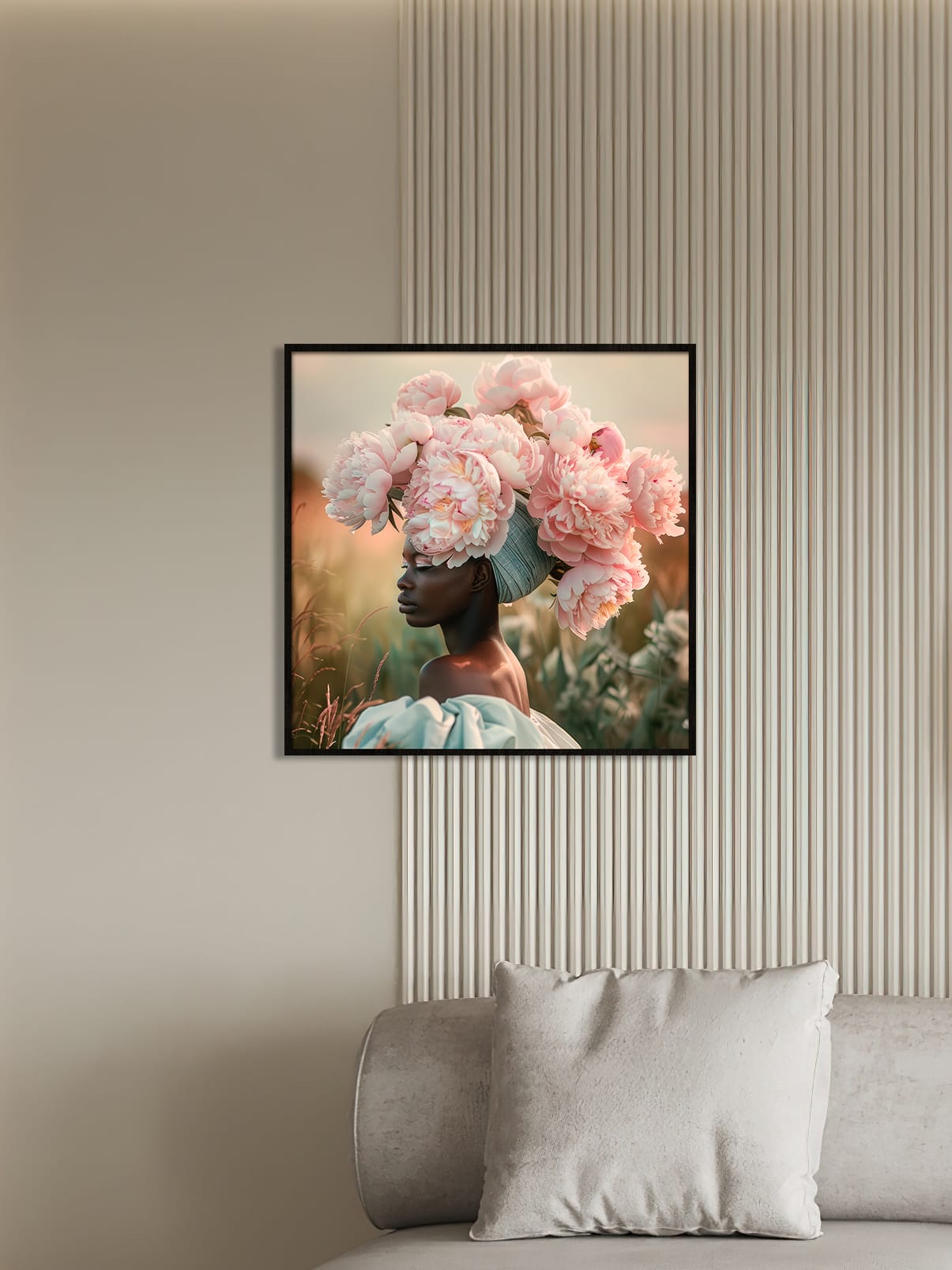 Peony Queen Instawall Akoestisch: wanddecoratie met roze peonieën als hoofdtooi bij een portret