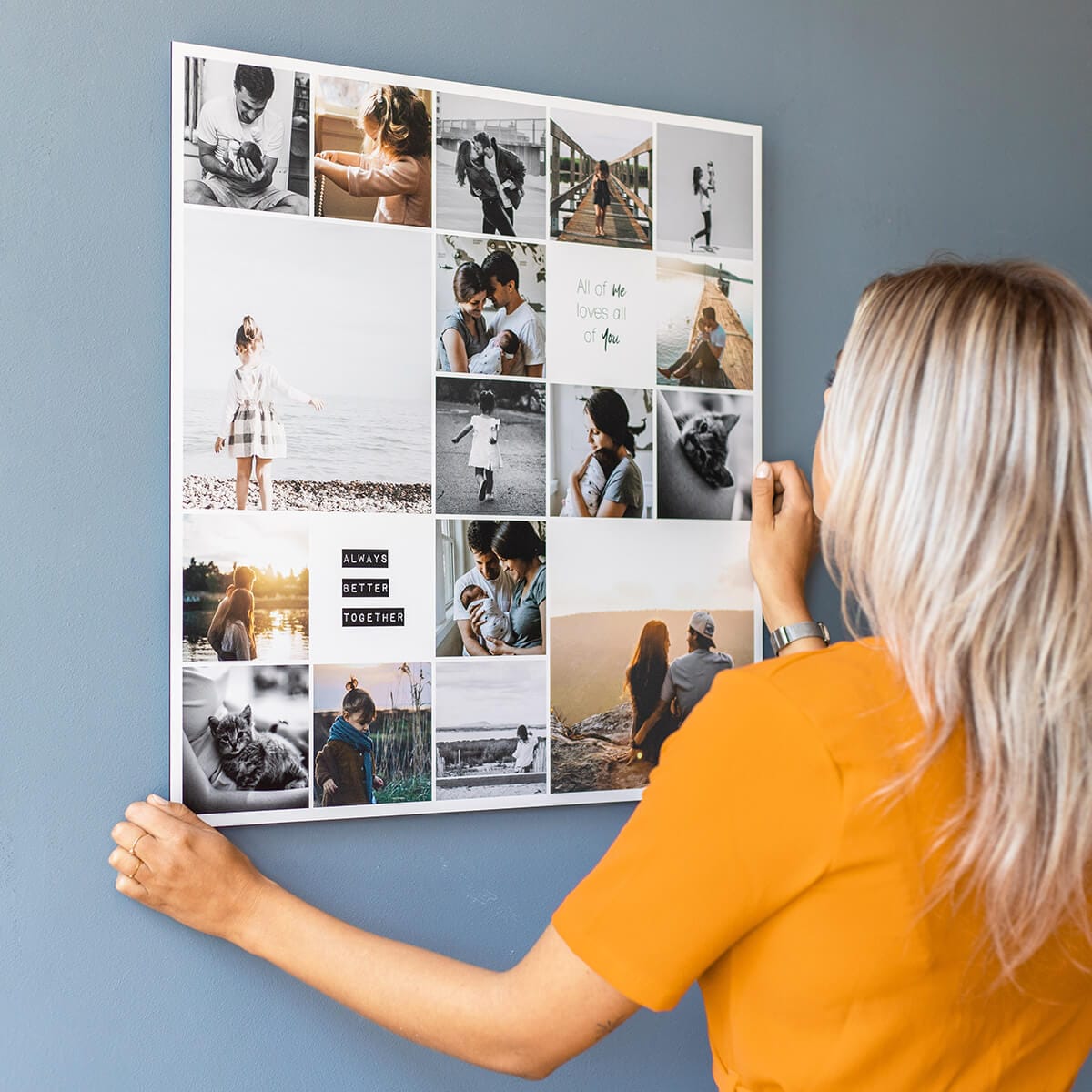 Instawall Print fotocollage op aluminium 80x80 cm als wanddecoratie in een moderne kamer