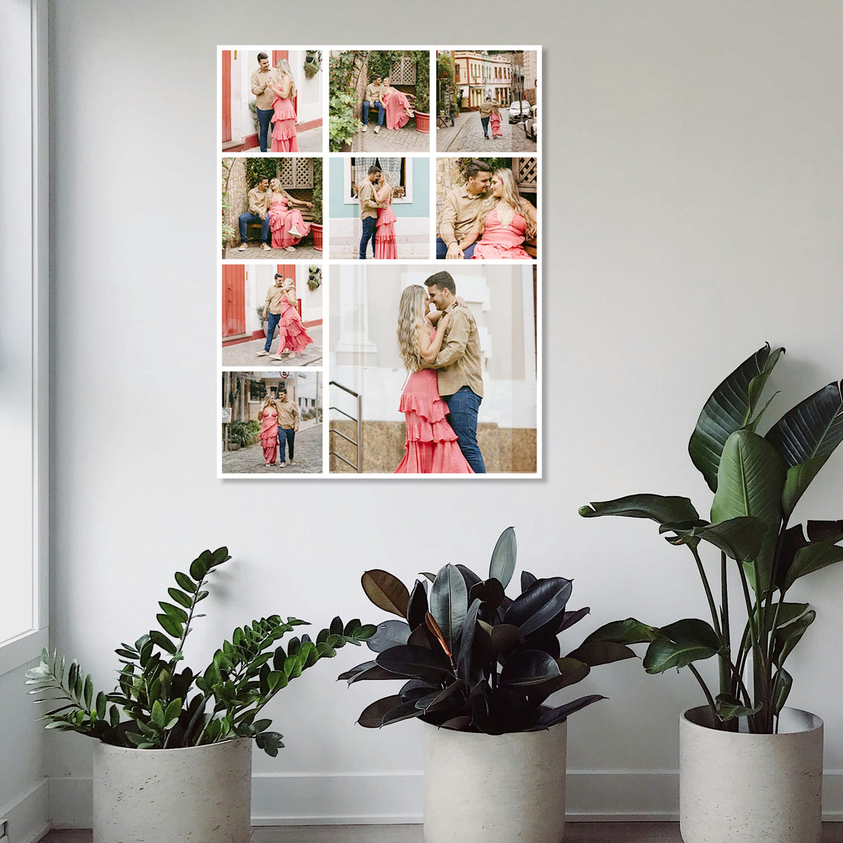 Verticale fotocollage van een koppel op glas tussen kamerplanten