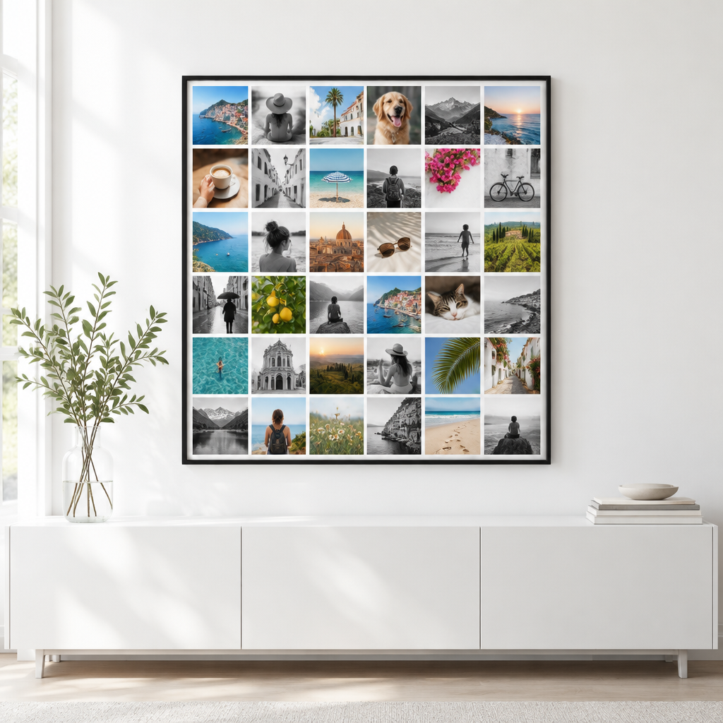 Instawall Canvas Square fotocanvas met zwarte baklijst aan de muur