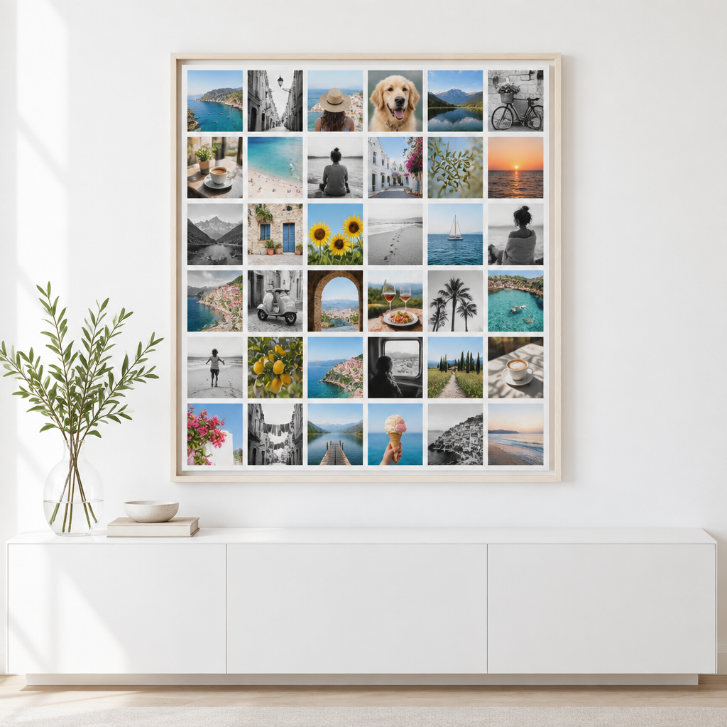 Instawall Canvas Square fotocanvas met blanke baklijst aan de muur