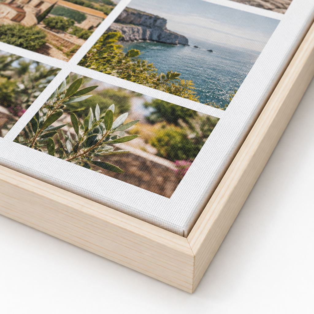 Detailfoto van het canvas materiaal en de blanke baklijst hoek