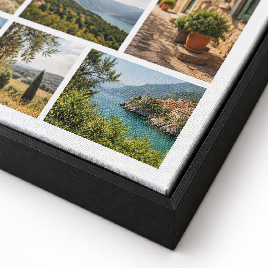 Detailfoto van het canvas materiaal en de zwarte baklijst hoek