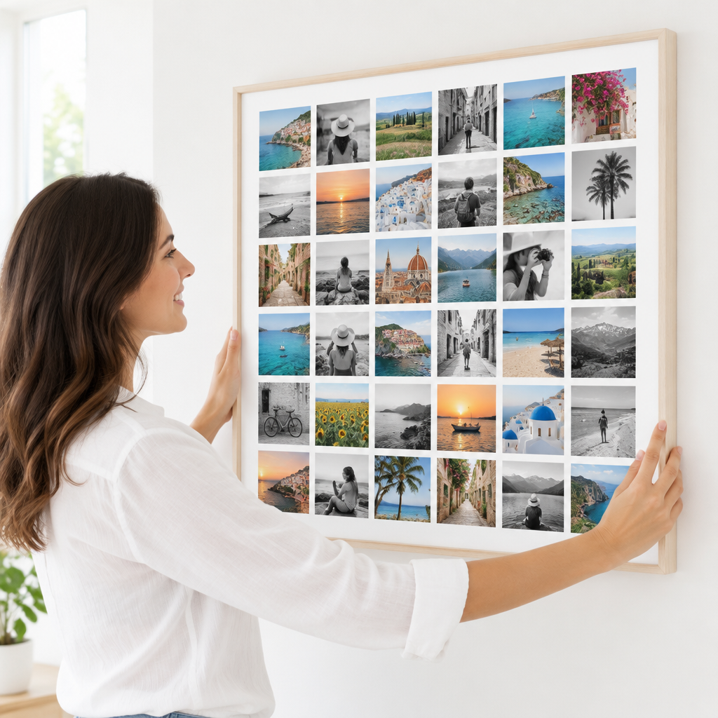 Vrouw hangt de Instawall Canvas Square fotocanvas met blanke baklijst op aan de muur