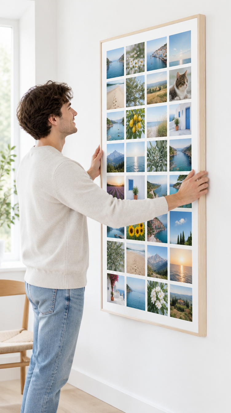 Man hangt de Instawall Canvas Tall fotocanvas met blanke baklijst op aan de muur