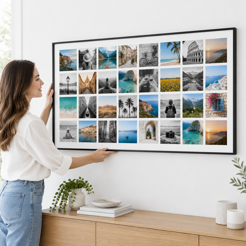 Vrouw hangt de Instawall Canvas Wide fotocanvas met zwarte baklijst op aan de muur