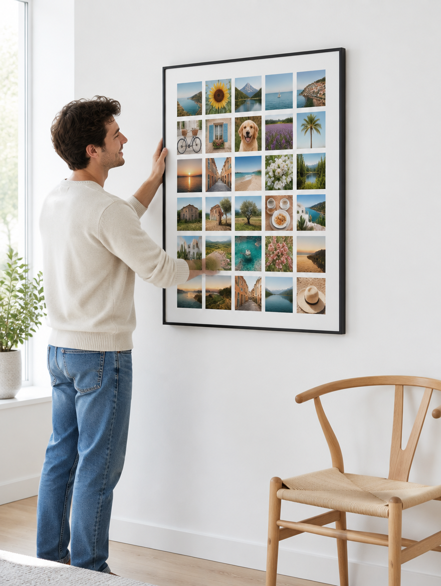Man hangt de Instawall Canvas Portrait groot fotocanvas met zwarte baklijst op aan de muur
